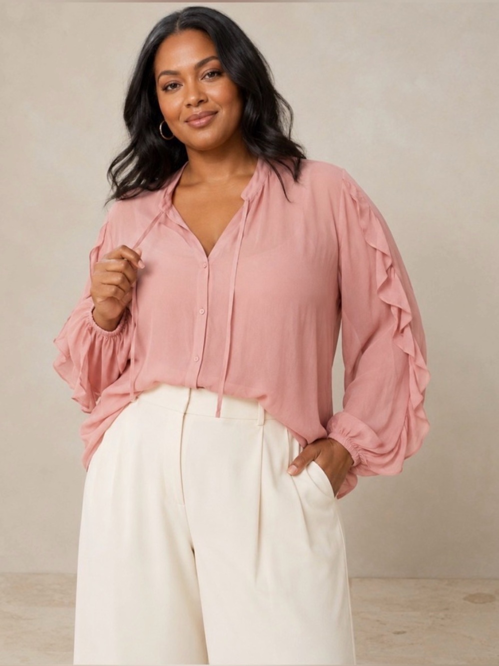NWT Eloquii Blush Pink Ruffle Sleeve Button Front Blouse Size 14